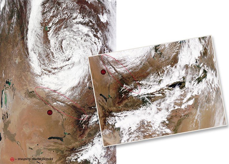 31 мая 2009 г. над Талассо-Ферганским разломом в Казахстане произошло размывание кучево-дождевой облачности в виде каньона. Слева – вращающаяся облачная спираль начинает наплывать на разлом, над которым формируется каньон. Справа – по мере того как облачная спираль наплывает на разлом, над ним все отчетливее проявляется каньон. Через полмесяца, 16 июня, вблизи разлома произошло землетрясение магнитудой 4,5. Фото сделаны с ИСЗ Terra и Aqua (NASA/GSFC, Rapid Response) 