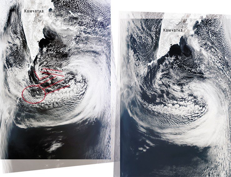 «Сетчатые» облака, образовавшиеся вблизи северной части Курильской гряды после землетрясения в Японии, свидетельствовали о сохранении сейсмической активности в регионе (слева). И действительно, хотя через полтора часа вместо этой «сетки» остались только облачные полосы широтной ориентации (справа), на протяжении последующих 3 суток подземные толчки продолжались. Фото сделаны с ИСЗ Terra и Aqua (NASA/GSFC, Rapid Response) 11 марта 2011 г.