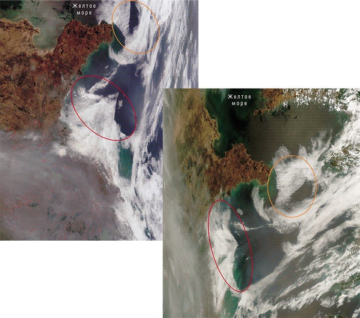 Запуск ядерных ракет ближнего радиуса действия с западного берега Корейского п-ва вызвал активизацию разломов морского дна, которые отобразились на облачных массивах в виде аномально линейных краев (слева). Справа – метеорологические облака сместились, но возникшие аномалии сохраняются. Фото сделаны с ИСЗ Terra и Aqua (NASA/GSFC, Rapid Response) 29 мая 2007 г.